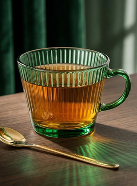 绿色条纹玻璃杯水杯茶杯带把手早餐咖啡杯子女士高颜值耐高温大口
