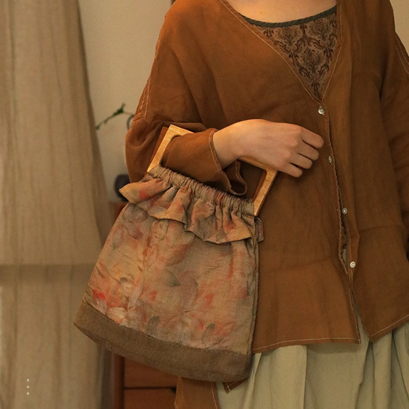 低调温婉手提包女文艺复古新中式国风原创棉麻手拎印花布包配旗袍