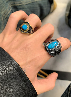 美式嘻哈个性老鹰绿色松石戒指男