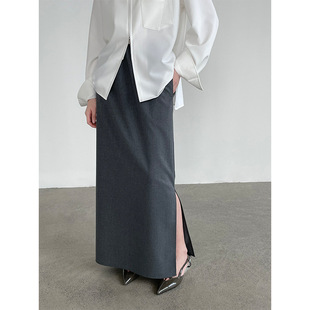 滔川 高级感极简侧开叉半身裙女松紧百搭灰色长裙26021 静奢系