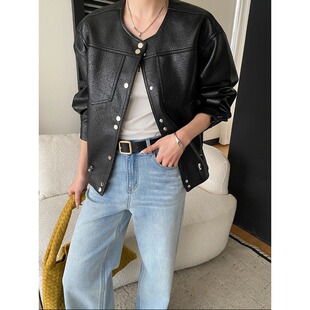 SN8713 机车风腔调感下摆抽绳PU皮夹克皮衣外套 司南 摩登都市