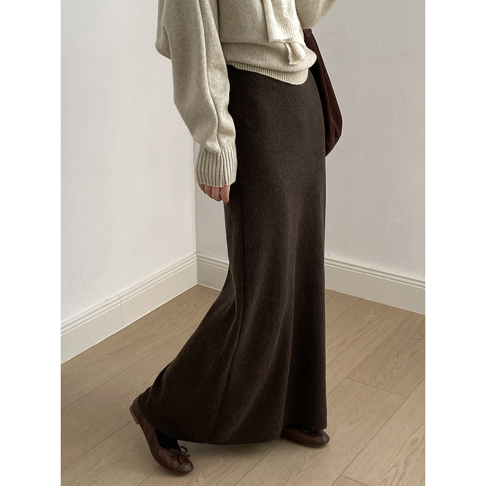 言双 高腰软糯针织半身裙女 秋冬松紧腰垂感显瘦包臀裙长裙P682