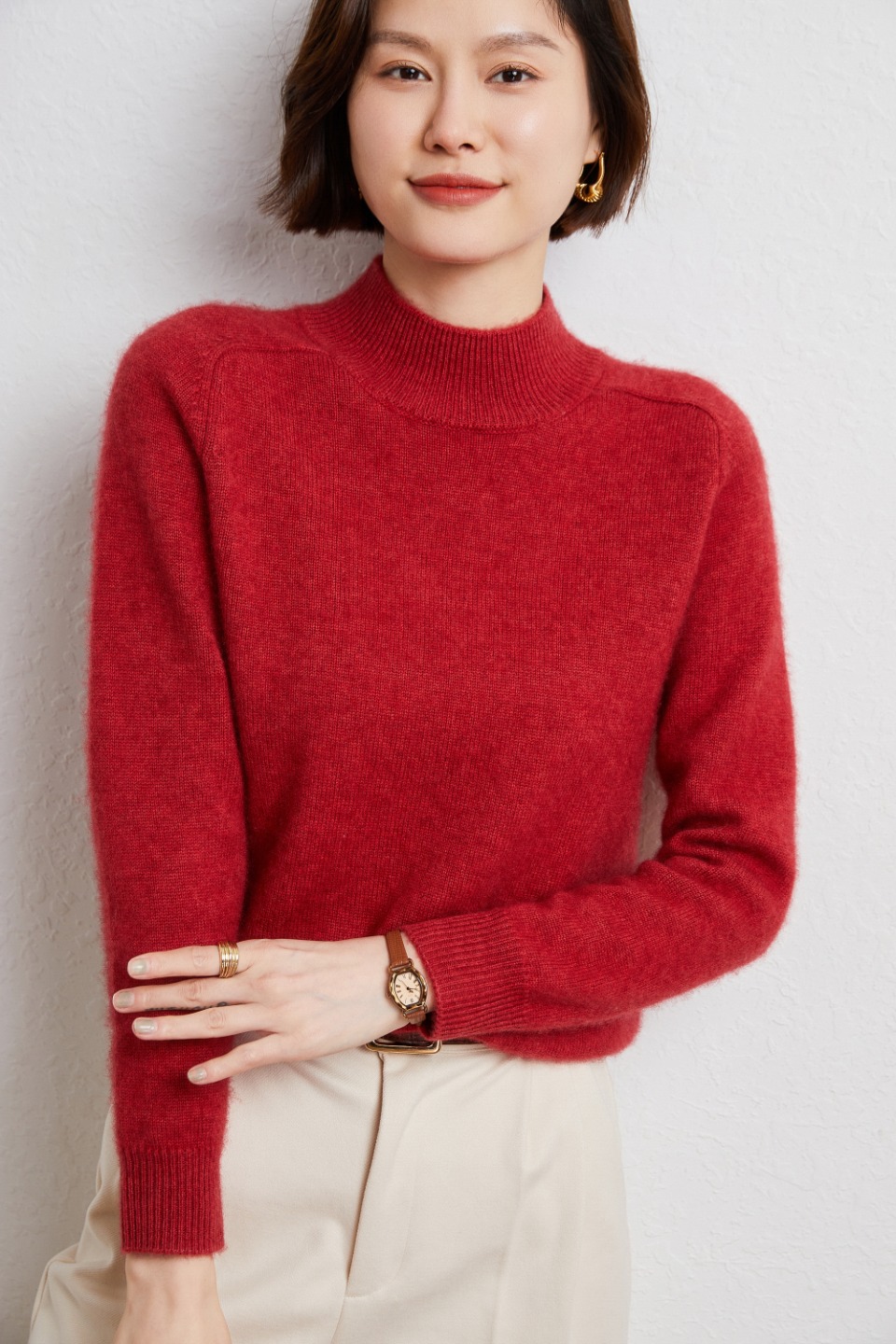 鹿王羊绒衫女半高领套头针织打底衫100%山羊绒保暖长袖秋冬毛衣厚