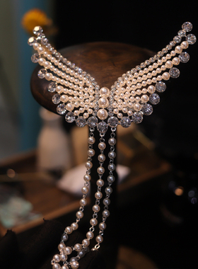 减龄新款天使之翼珍珠流苏捏夹头饰新娘结婚饰品白纱配饰15913