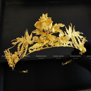 纯金色极简凤冠龙凤褂头饰中式黄金色配饰百搭气质新娘发饰13202