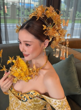 新品首发 超美腻金色手作蝴蝶发饰新娘秀禾头饰新中式国风发钗子