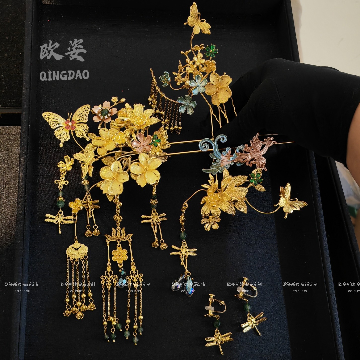 欧姿新娘饰品新款极简新中式发簪金色凤钗龙凤褂步摇发饰品12989