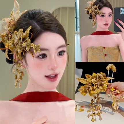 原创设计新中式发饰晨袍系列复古灵气古风头饰婚礼跟妆5件套发钗
