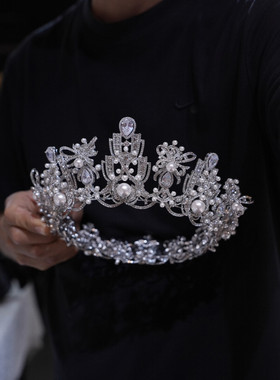 原创设计小众轻复古珍珠皇冠气质圆冠可调节公主冠婚礼跟妆17523