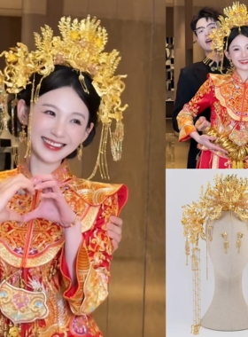 轻奢凤冠黄金色气质头饰中式婚礼头饰百搭凤凰发饰新娘饰品13420