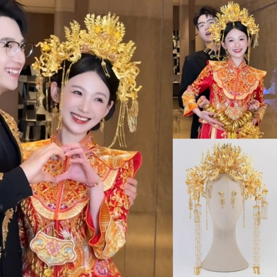 轻奢凤冠黄金色气质头饰中式婚礼头饰百搭凤凰发饰新娘饰品13420
