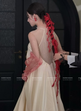 新中式红色网纱编发带新娘头饰低马尾绑发晨袍晚礼结婚配饰跟妆女