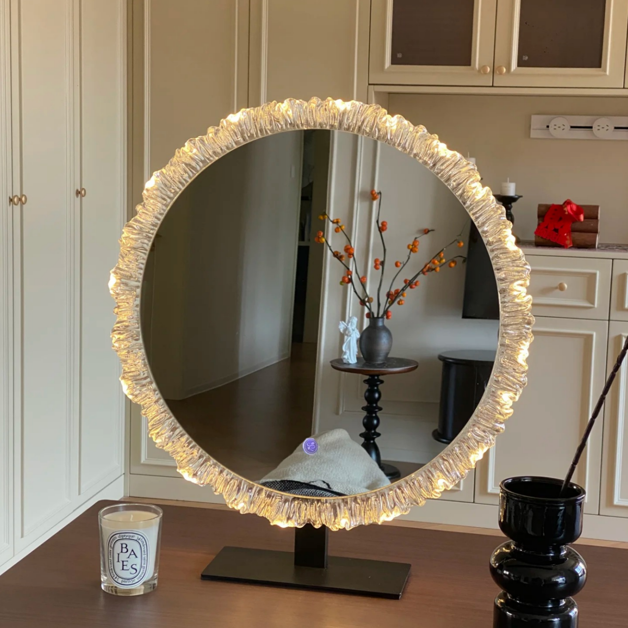 亚克力冰川化妆镜带灯桌面梳妆台镜子化妆镜台式桌面智能美妆镜