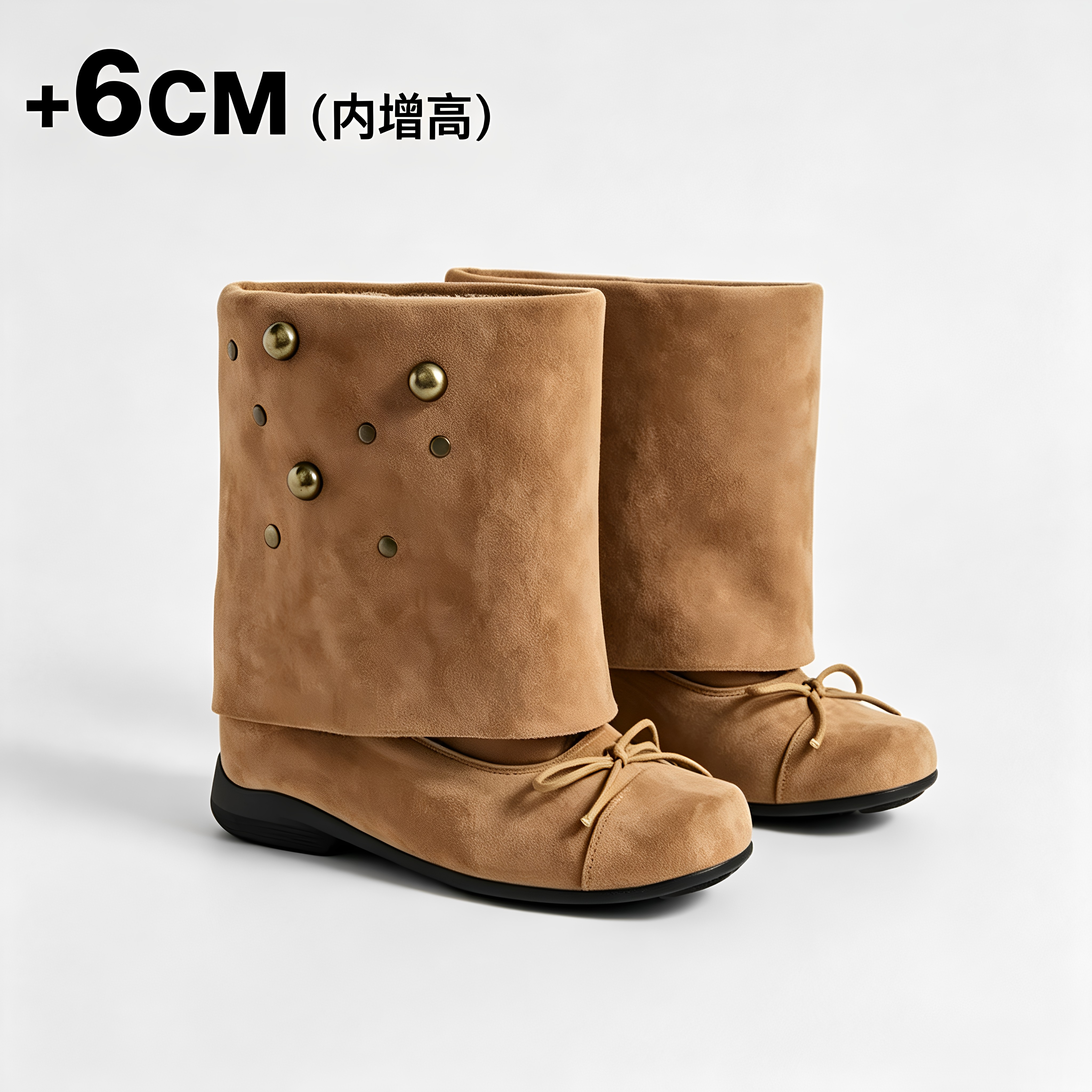 小个子6cm内增高蝴蝶结芭蕾风短靴女小众设计感绒面铆钉裤管靴子