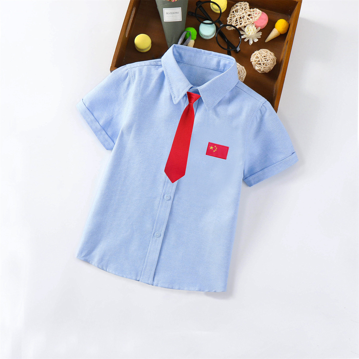 儿童蓝衬衫春夏季短袖男女童牛津纺蓝衬衣中大童演出服小学生校服