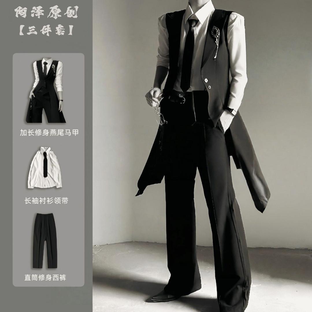 新中式黑色修身戗驳领西服马甲