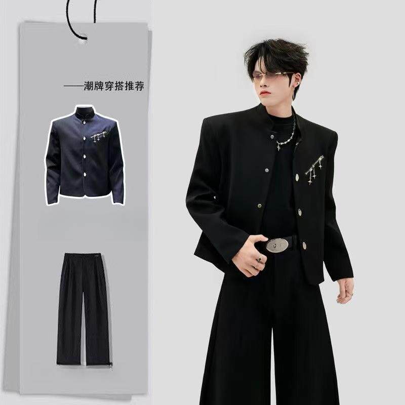 新中式立领金属拉链垫肩西服套装