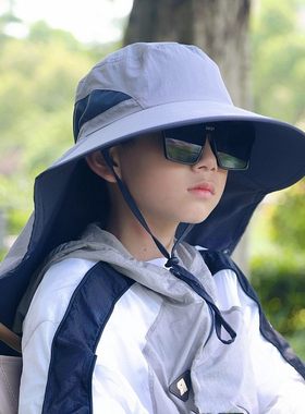 大帽檐大童帽子森系男孩夏季超薄亲子披肩UPF50+防晒紫外线护颈帽