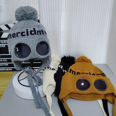 儿童飞行员帽子冬天护耳加厚加绒保暖男孩帅气针织毛球滑雪冰帽