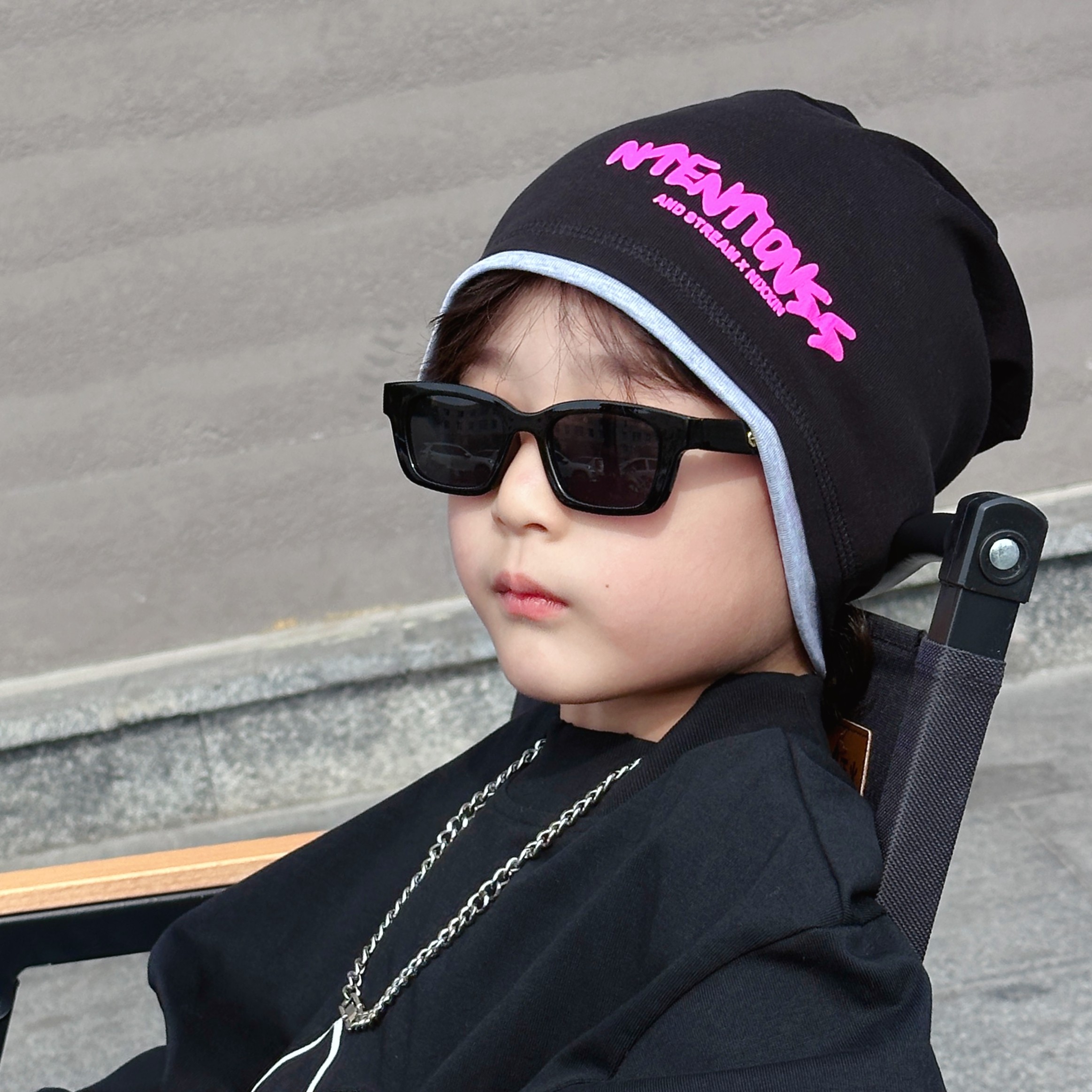 春秋薄款纯棉质儿童堆堆帽子双层防风堆堆潮搭字母套头冷帽街舞帽