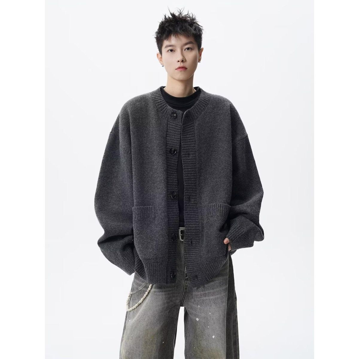 美式复古开衫毛衣男潮牌慵懒风针织衫高街大口袋休闲外套