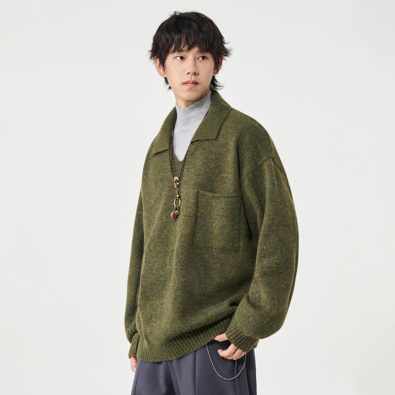 MC2025秋冬新款潮牌翻领毛衣男士宽松百搭英伦风简约针织衫卫衣男