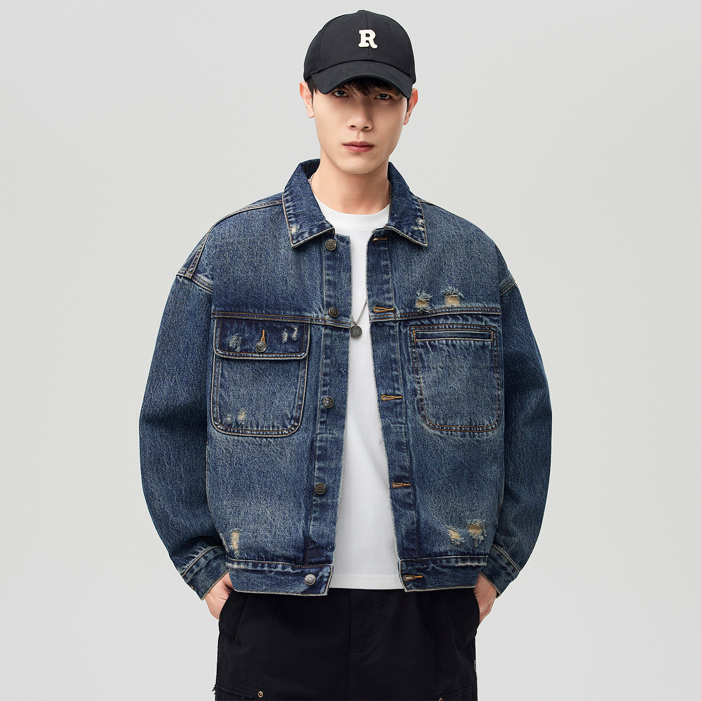 HD男士潮牌破洞设计感牛仔外套男春秋美式复古时尚休闲宽松夹克男