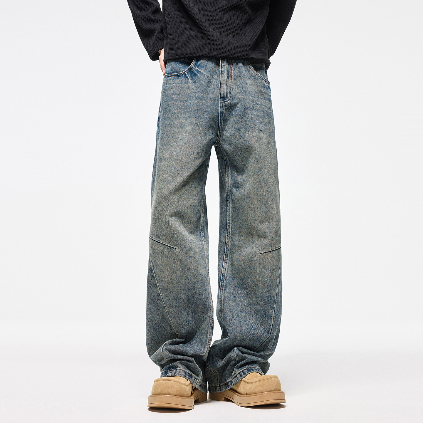 HD春秋2026复古水洗牛仔裤男士阔腿宽松直筒怀旧蓝时尚休闲长裤子
