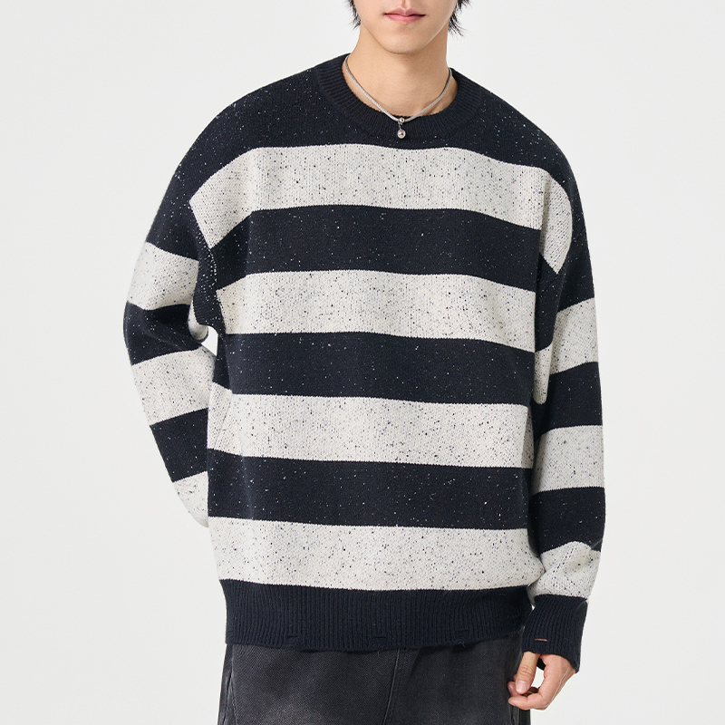 MC男士宽松百搭懒惰风针织衫男秋冬新款潮牌条纹圆领休闲毛衣上衣