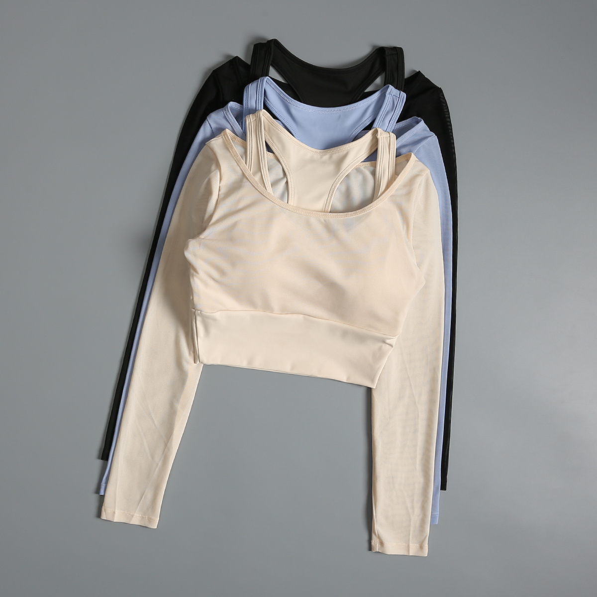 瑜伽服上衣女春季带胸垫网纱运动长袖紧身显瘦时尚跑步训练健身服