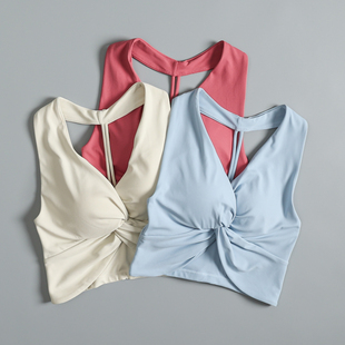 一体式 瑜伽背心高级感防震性感深V挂脖美背运动文胸 交叉褶皱修身