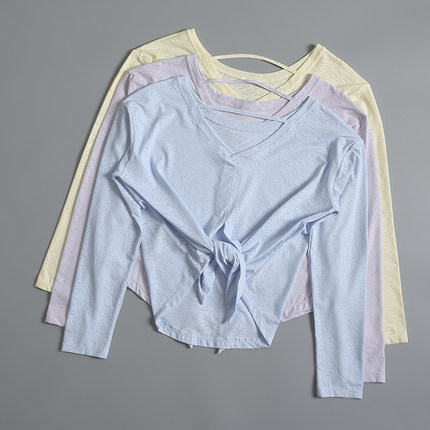 瑜伽服女夏季运动上衣长袖t恤跑步普拉提训练服宽松罩衫健身套装