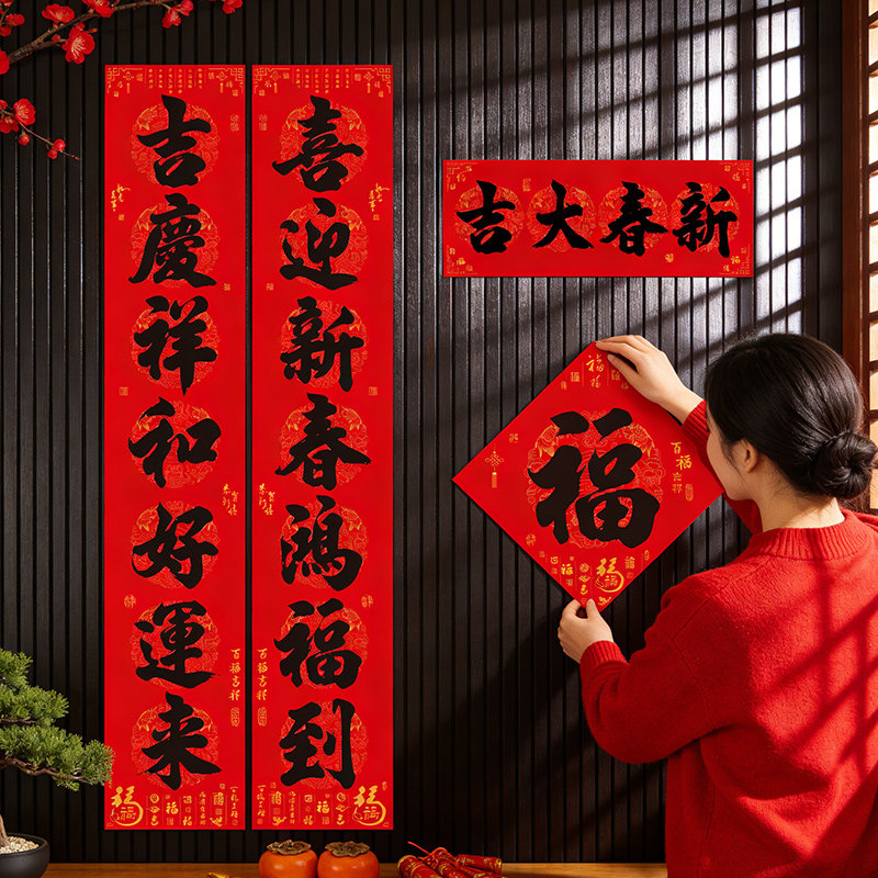 自带背胶对联春联2026新款新年马年过年农村家用大门绒布福字门贴,节庆用品/礼品,对联,淘宝优惠券,粉丝福利购,淘宝优惠卷