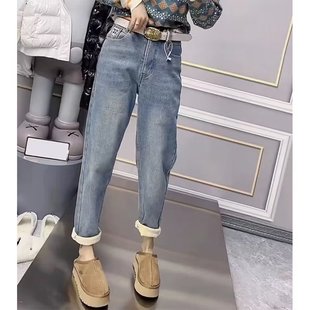 女装 加绒显瘦老爹裤 2025新款 胖妹妹mm冬季 高腰弹力哈伦牛仔裤 大码