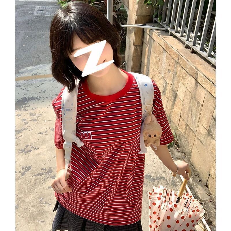 复古港风红色条纹t恤女夏季刺绣