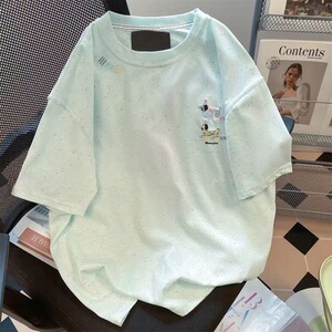 韩系刺绣纯棉圆领短袖T恤女大码夏季宽松休闲百搭情侣半袖上衣