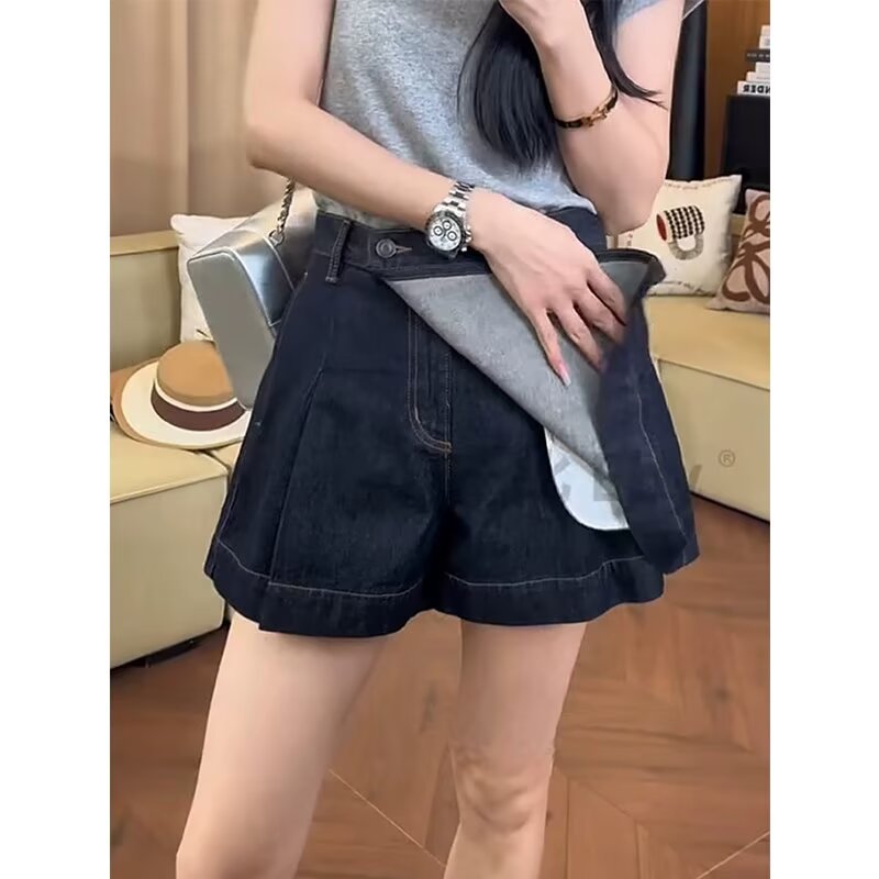 薄款高腰不规则宽松牛仔短裤大码显瘦设计感裤裙胖mma字阔腿热裤
