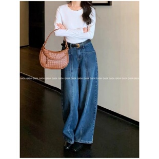 高腰宽松百搭休闲拖地裤 女春夏季 复古水洗阔腿牛仔裤 100%棉Q4美式