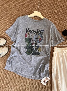 F24卡通风灰色短袖T恤女2026夏季新款宽松米奇印花薄款百搭上衣