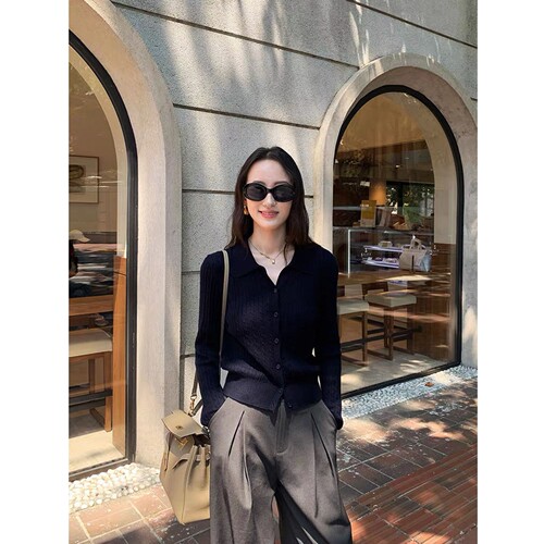 韩系松弛感polo领针织开衫女Q58春秋宽松显瘦百搭打底上衣