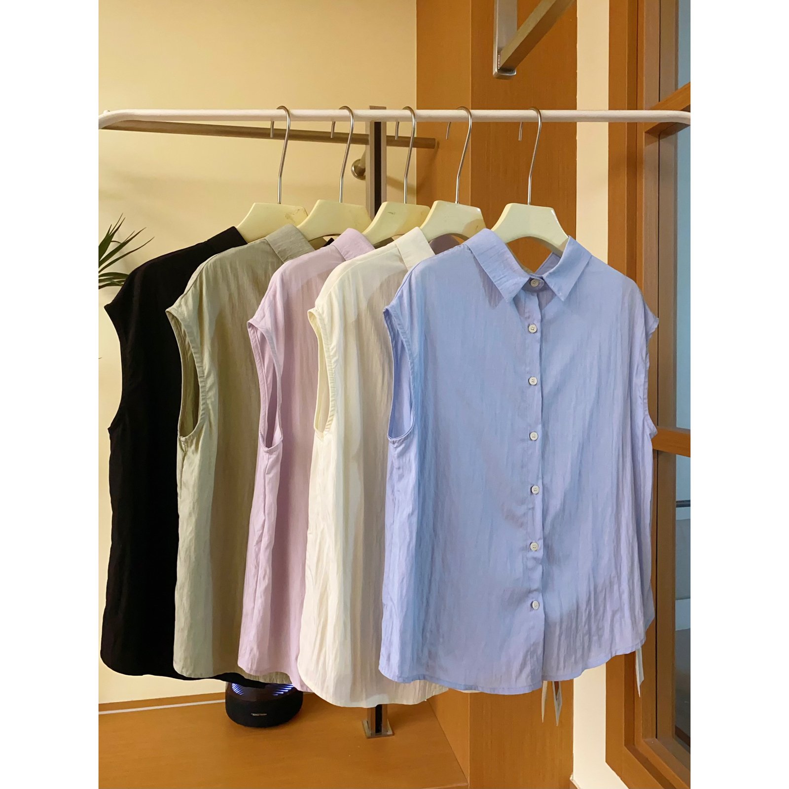 J85无袖衬衫女夏季新款日系文艺风两面穿肌理感翻领宽松上衣背心