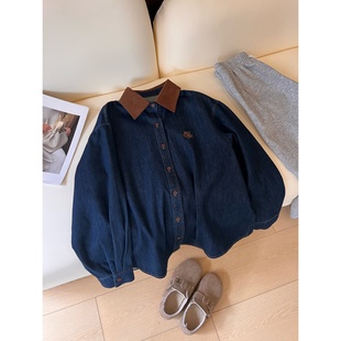 Q45加绒牛仔衬衫 丹宁打底上衣 女复古撞色秋冬翻领刺绣百搭长袖