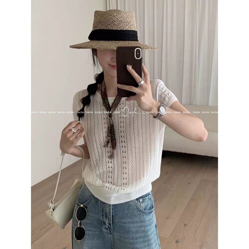 A54圆领镂空短袖针织T恤女小飞袖夏季薄款简约宽松显瘦百搭上衣