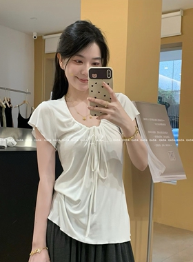 Nik*原。呼吸感度假缩褶短袖T恤女系带J33~ 韩系收腰显瘦上衣Tee