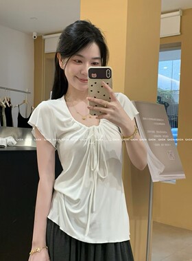 Nik*原。呼吸感度假缩褶短袖T恤女系带J33~ 韩系收腰显瘦上衣Tee