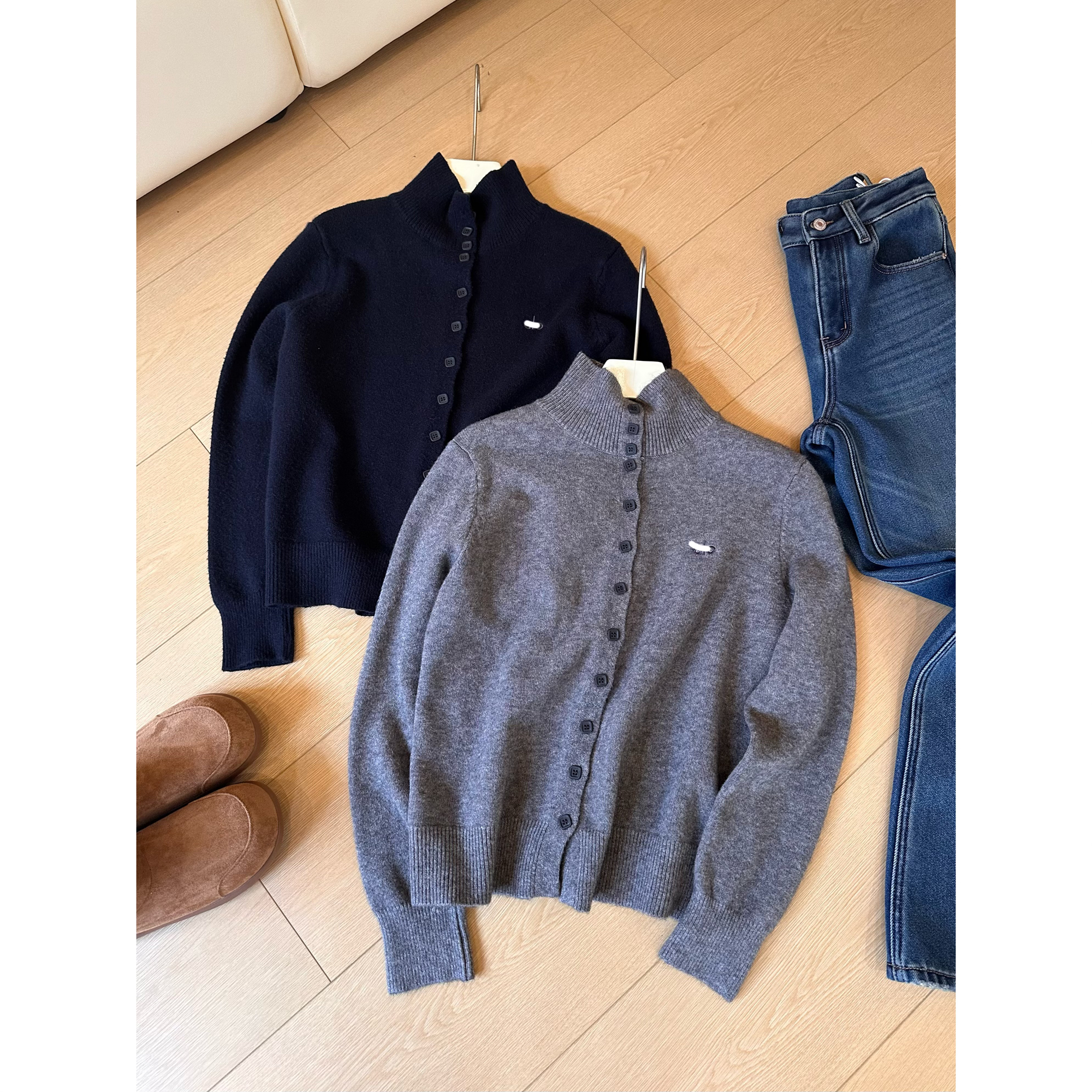 J13半高领针织开衫女秋冬季百搭修身内搭打底衫保暖软糯毛衣外套