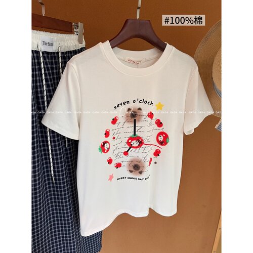 J77趣味时钟印花短袖T恤女夏季新款宽松显瘦韩系减龄纯棉打底上衣