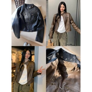 A6美式短款机车皮衣女2026春季PU皮夹克修身显瘦酷感风外套