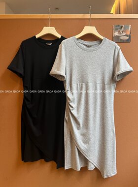 mocha家。法式不对称T恤裙J57夏季中长款设计感褶皱直筒连衣裙