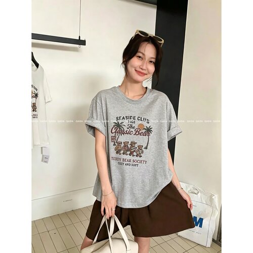 J54雪花棉卷边短袖T恤女美式复古小熊印花宽松显瘦落肩慵懒风上衣